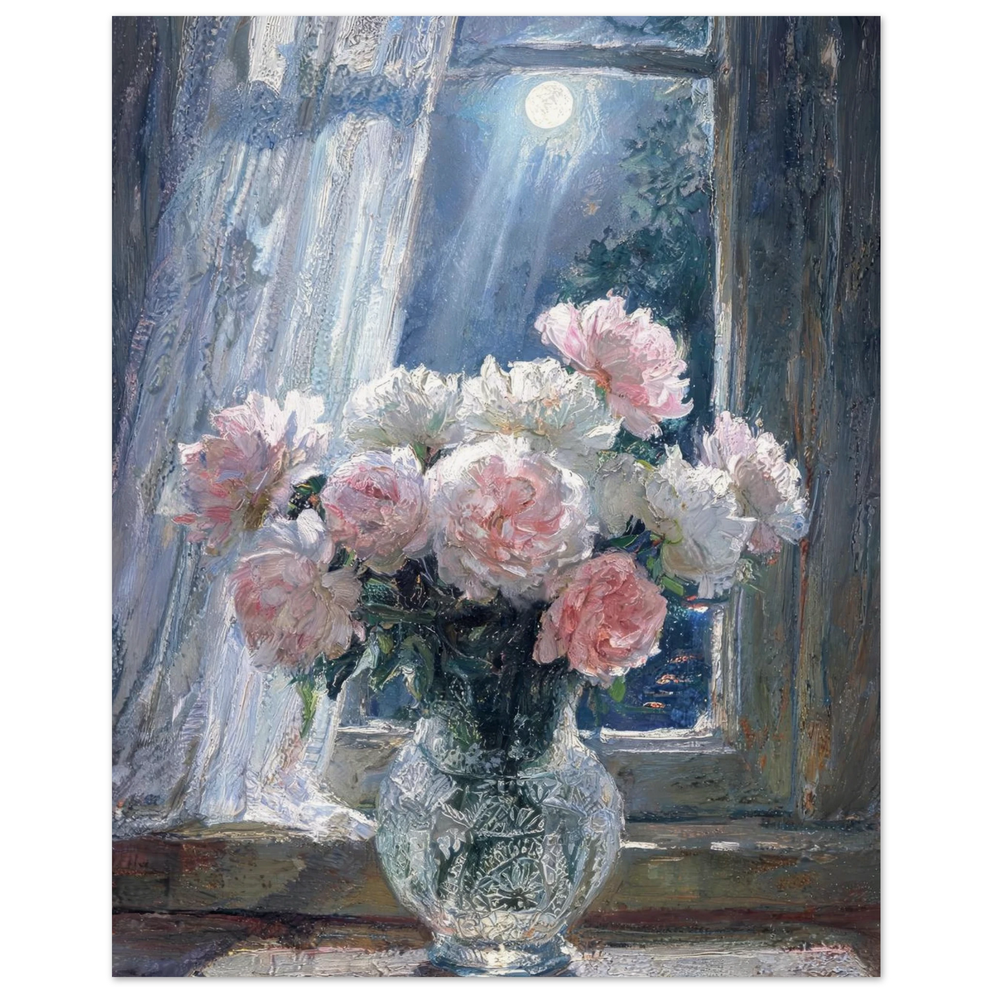 Moonlit Peony Window museum-quality archival paper fine art print by Vintstep