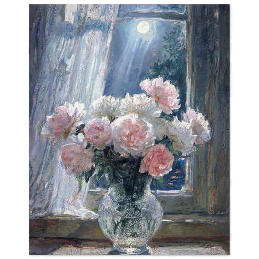 Moonlit Peony Window museum-quality archival paper fine art print by Vintstep