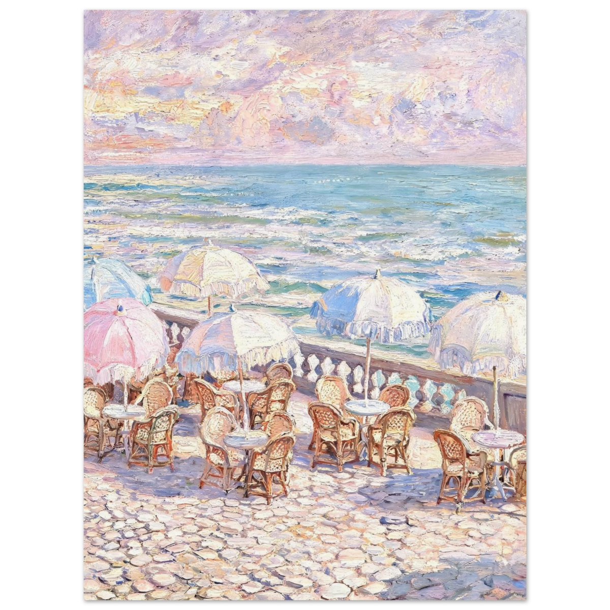 An impressionist-style painting of a seaside café terrace with white umbrellas, wicker chairs and tables, a stone cobblestone foreground, and a blue ocean under a pastel sky.