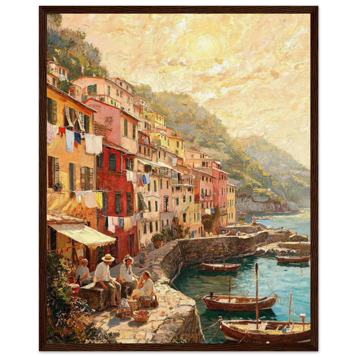 Framed Coastal Village Life Art | Seaside Harbor Wall Decor Poster