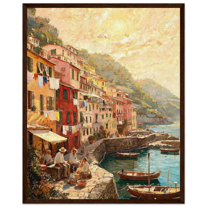 Framed Coastal Village Life Art | Seaside Harbor Wall Decor Poster