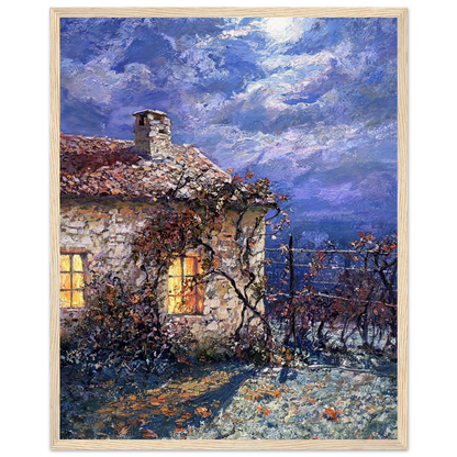 Moonlit Stone Cottage Framed Art Print | Ready to Hang Wall Decor