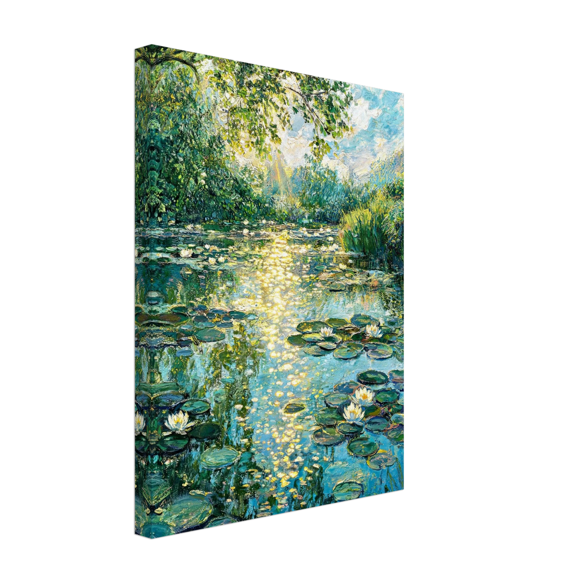 A vertical canvas wall art print depicting a Monet-style pond scene with lily pads, white water lilies, and bright sunlight reflecting on the water, shown at an angle against a plain white background.