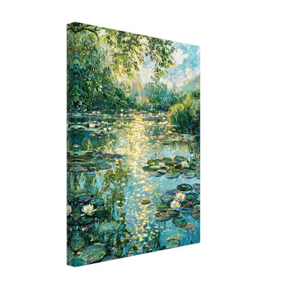 A vertical canvas wall art print depicting a Monet-style pond scene with lily pads, white water lilies, and bright sunlight reflecting on the water, shown at an angle against a plain white background.