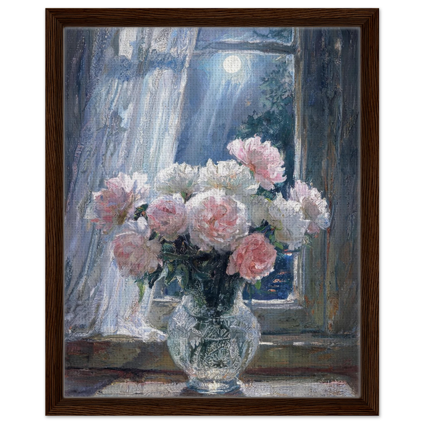 Moonlit Peony Window floating frame canvas wall decor by Vintstep