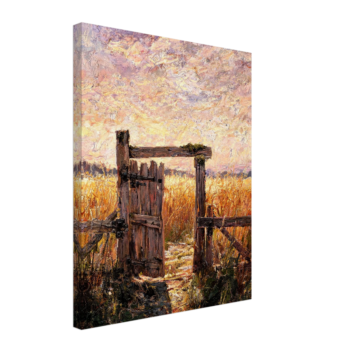 Canvas print of a textured oil painting showing a weathered wooden gate opening toward a glowing sunset meadow.