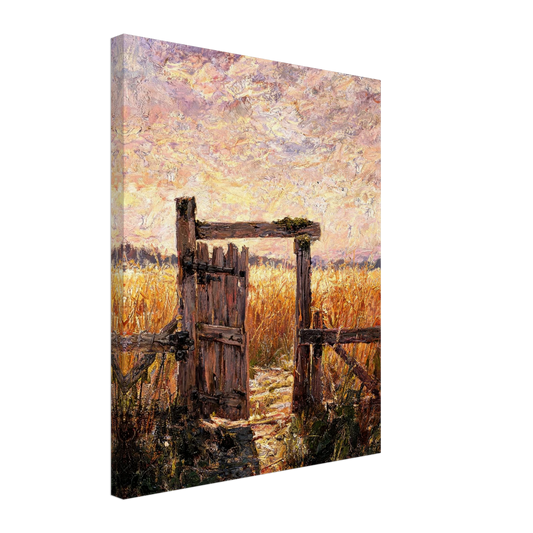 Canvas print of a textured oil painting showing a weathered wooden gate opening toward a glowing sunset meadow.