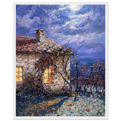 Moonlit Stone Cottage Framed Art Print | Ready to Hang Wall Decor