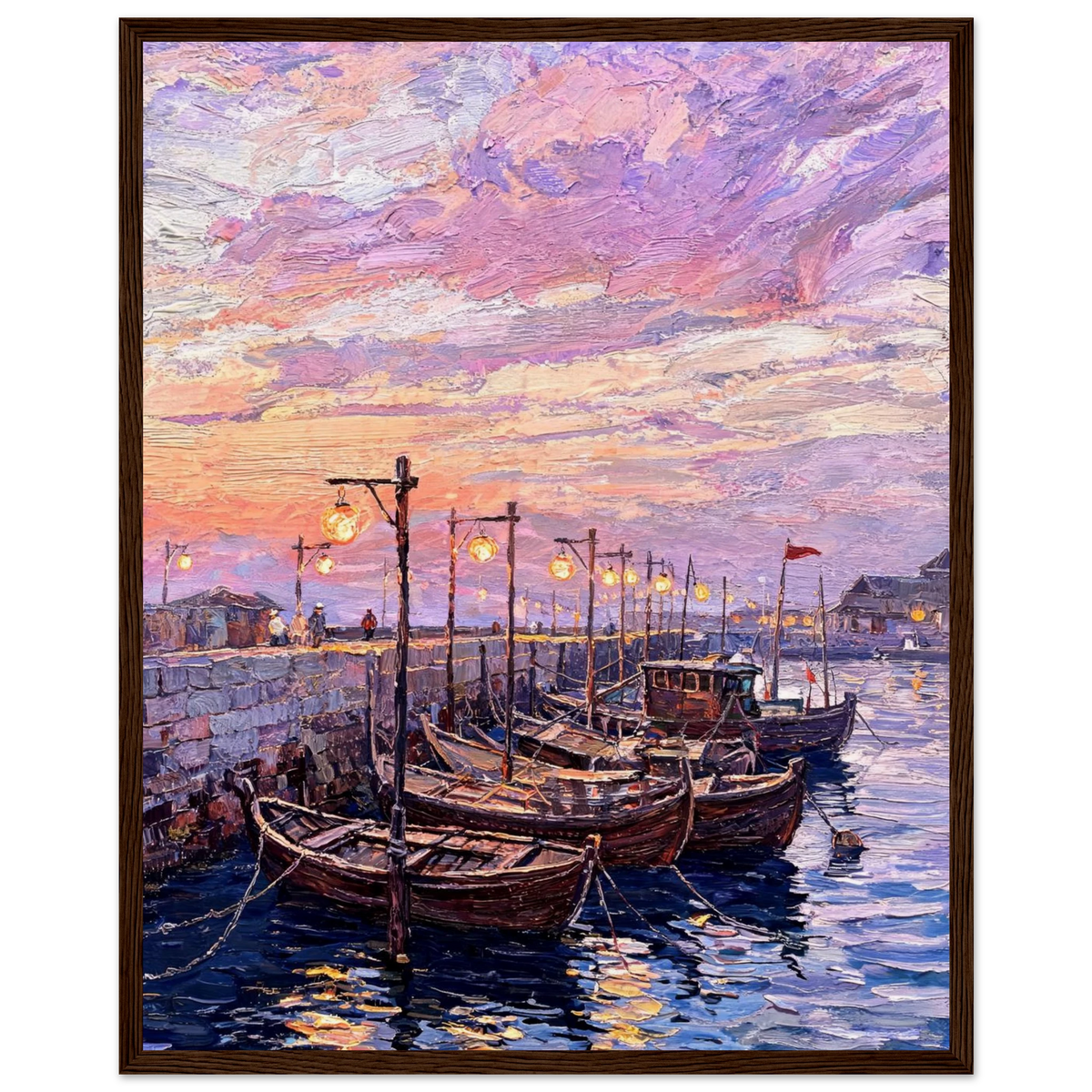 Ready-to-hang wooden framed art print of a vintage impressionist harbor scene at twilight with warm lamplight and sunset colors