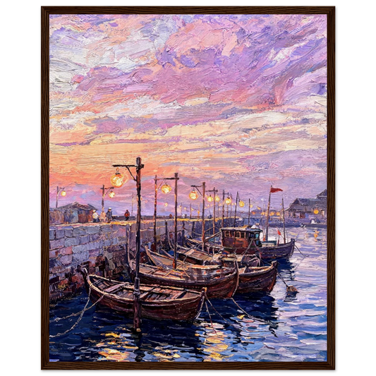 Ready-to-hang wooden framed art print of a vintage impressionist harbor scene at twilight with warm lamplight and sunset colors