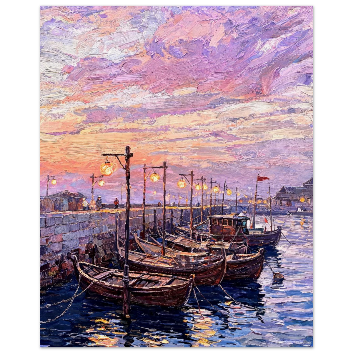 Vintage impressionist fine art print featuring a serene Mediterranean harbor at twilight with glowing lanterns, moored boats, and purple sunset sky