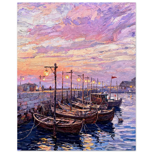 Vintage impressionist fine art print featuring a serene Mediterranean harbor at twilight with glowing lanterns, moored boats, and purple sunset sky