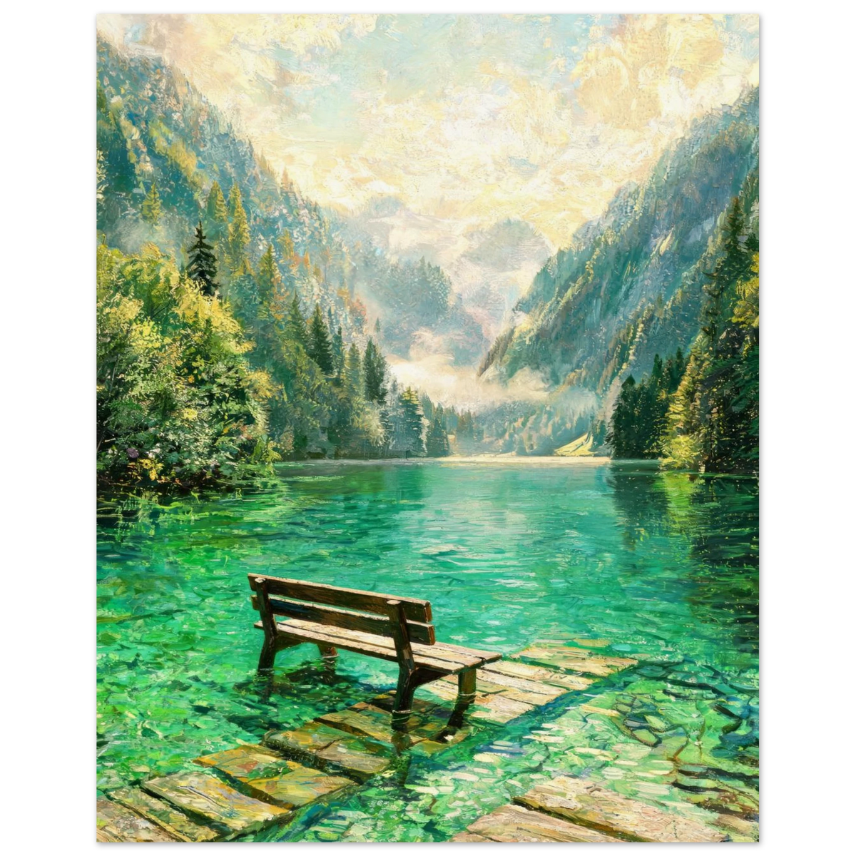 A scenic landscape painting of a clear turquoise lake surrounded by misty green mountains and trees, with a wooden bench on a stone walkway in the foreground.