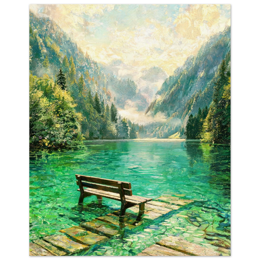 A scenic landscape painting of a clear turquoise lake surrounded by misty green mountains and trees, with a wooden bench on a stone walkway in the foreground.