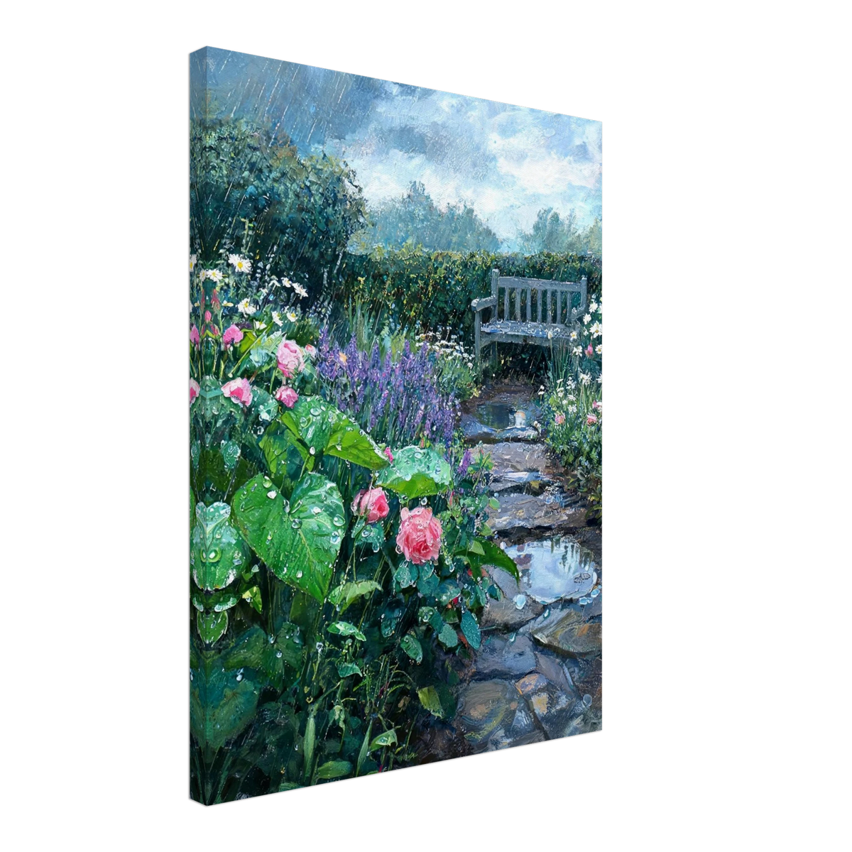 A vertical canvas wall art print depicting a lush, rainy garden scene with pink roses, purple lavender, a stone path, and a wooden bench under a cloudy sky.