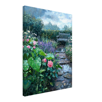 A vertical canvas wall art print depicting a lush, rainy garden scene with pink roses, purple lavender, a stone path, and a wooden bench under a cloudy sky.