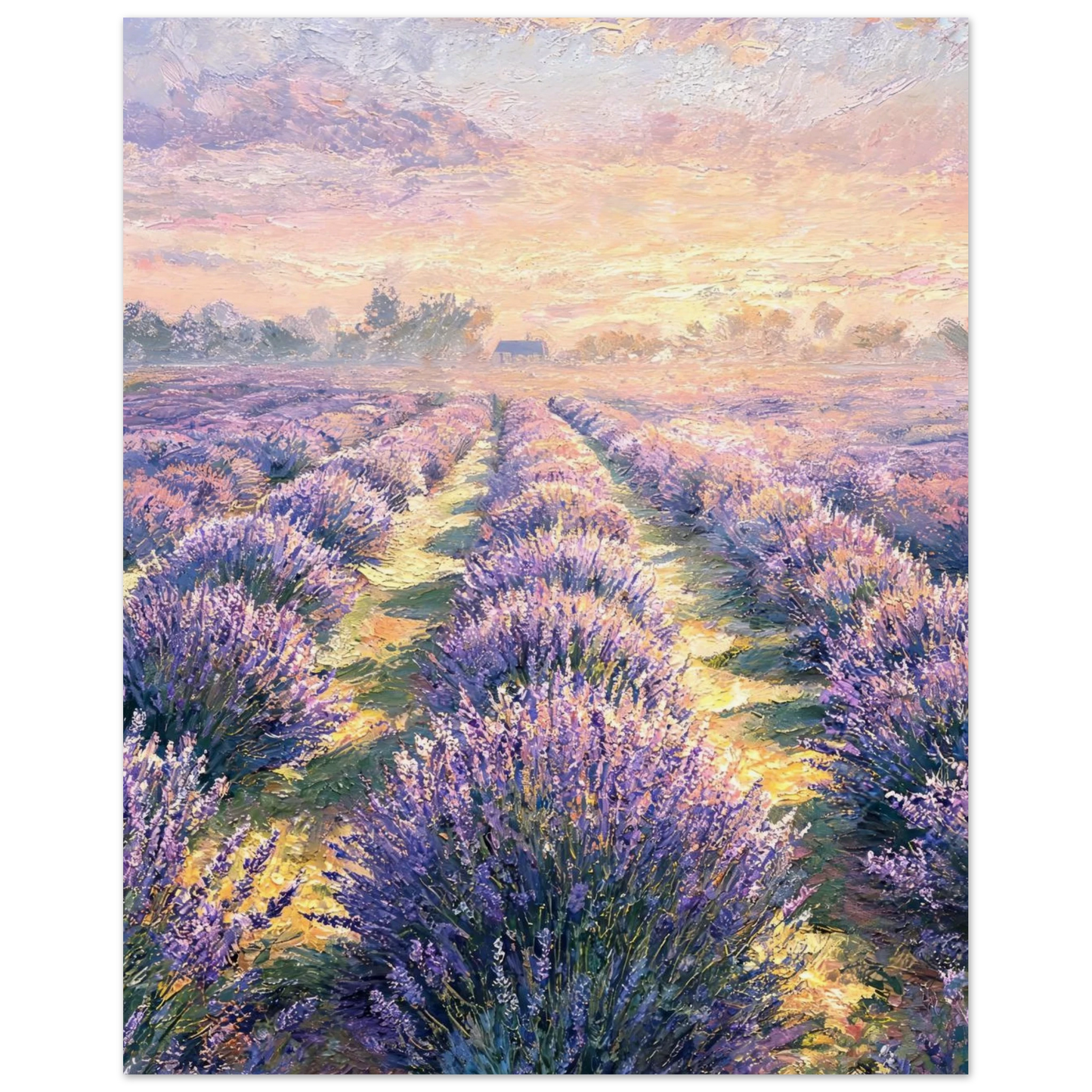 Fine art print of a blooming lavender field under a soft pastel sunset sky with textured brushstrokes.