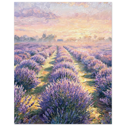 Fine art print of a blooming lavender field under a soft pastel sunset sky with textured brushstrokes.