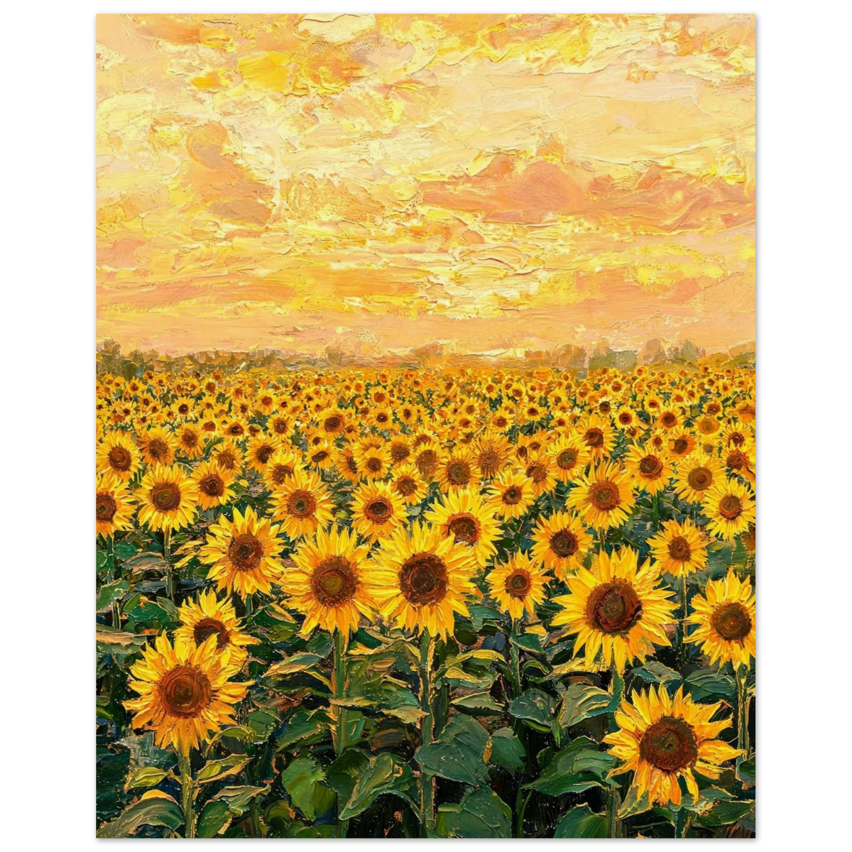 Fine art print of a vast golden sunflower field blooming under a radiant sunset sky