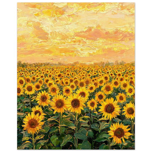 Fine art print of a vast golden sunflower field blooming under a radiant sunset sky