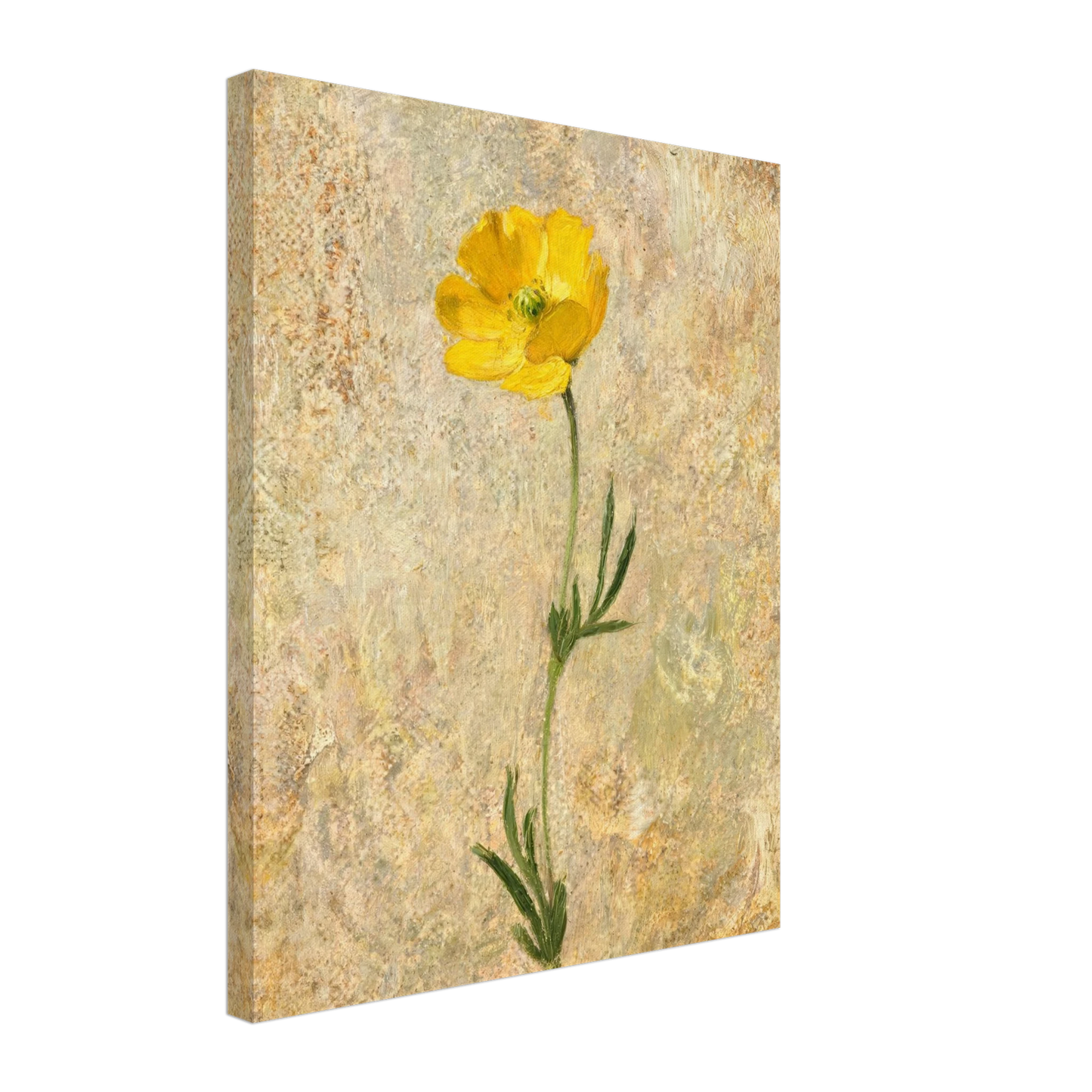 Canvas print of an Impressionist single yellow poppy flower with enhanced texture for an immersive fine art wall experience.