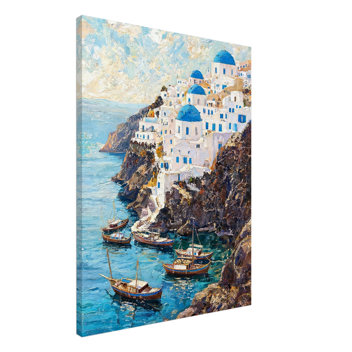 A vertical canvas wall art print depicting a Mediterranean coastal town with white buildings and bright blue domes, set against a clean white background.