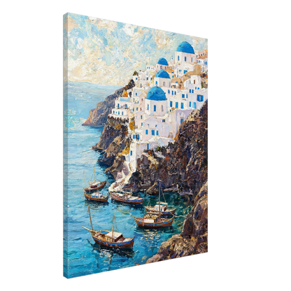 A vertical canvas wall art print depicting a Mediterranean coastal town with white buildings and bright blue domes, set against a clean white background.