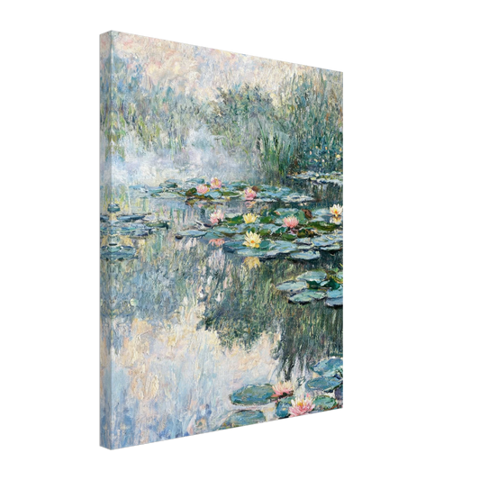 A square gallery-wrapped canvas print featuring an impressionist pond scene with water lilies, rendered in soft blue, green, white, and pink tones, shown at a slight angle on a plain white background.