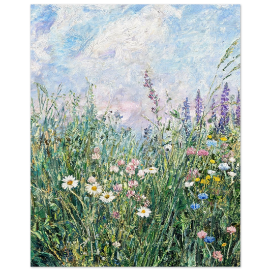 Fine art print of an impressionist painting featuring a vibrant wildflower meadow with daisies and blue skies.