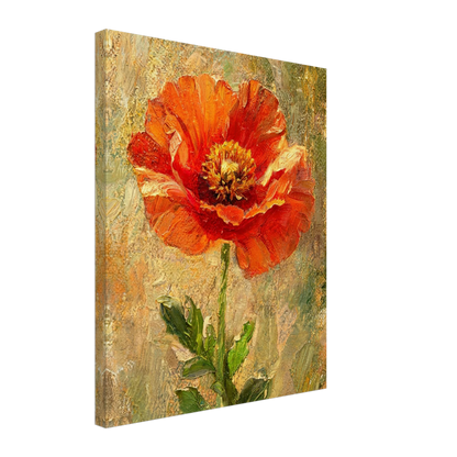 A vertical canvas wall art print featuring an impressionistic painting of a vibrant orange-red poppy flower with green leaves, shown at a three-quarter angle against a plain white background.