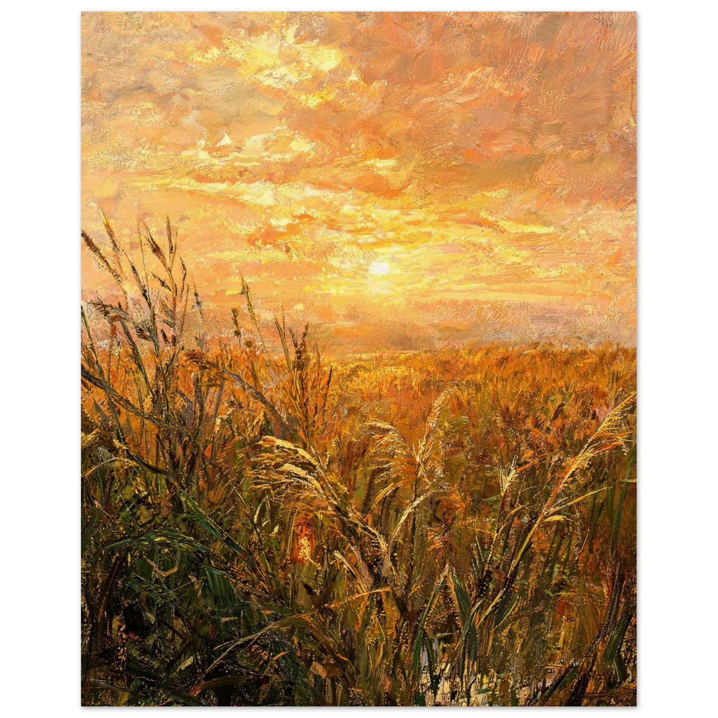 Fine art print of tall wild reeds silhouetted against a brilliant golden hour sunset sky.