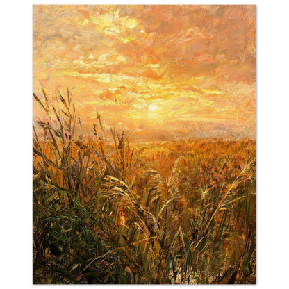 Fine art print of tall wild reeds silhouetted against a brilliant golden hour sunset sky.