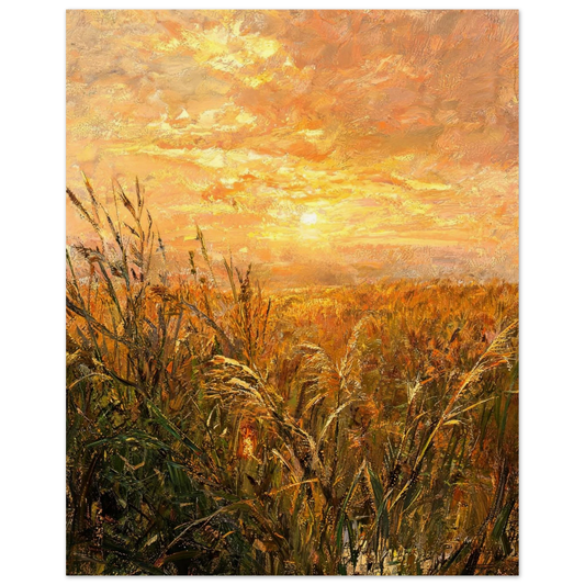 Fine art print of tall wild reeds silhouetted against a brilliant golden hour sunset sky.