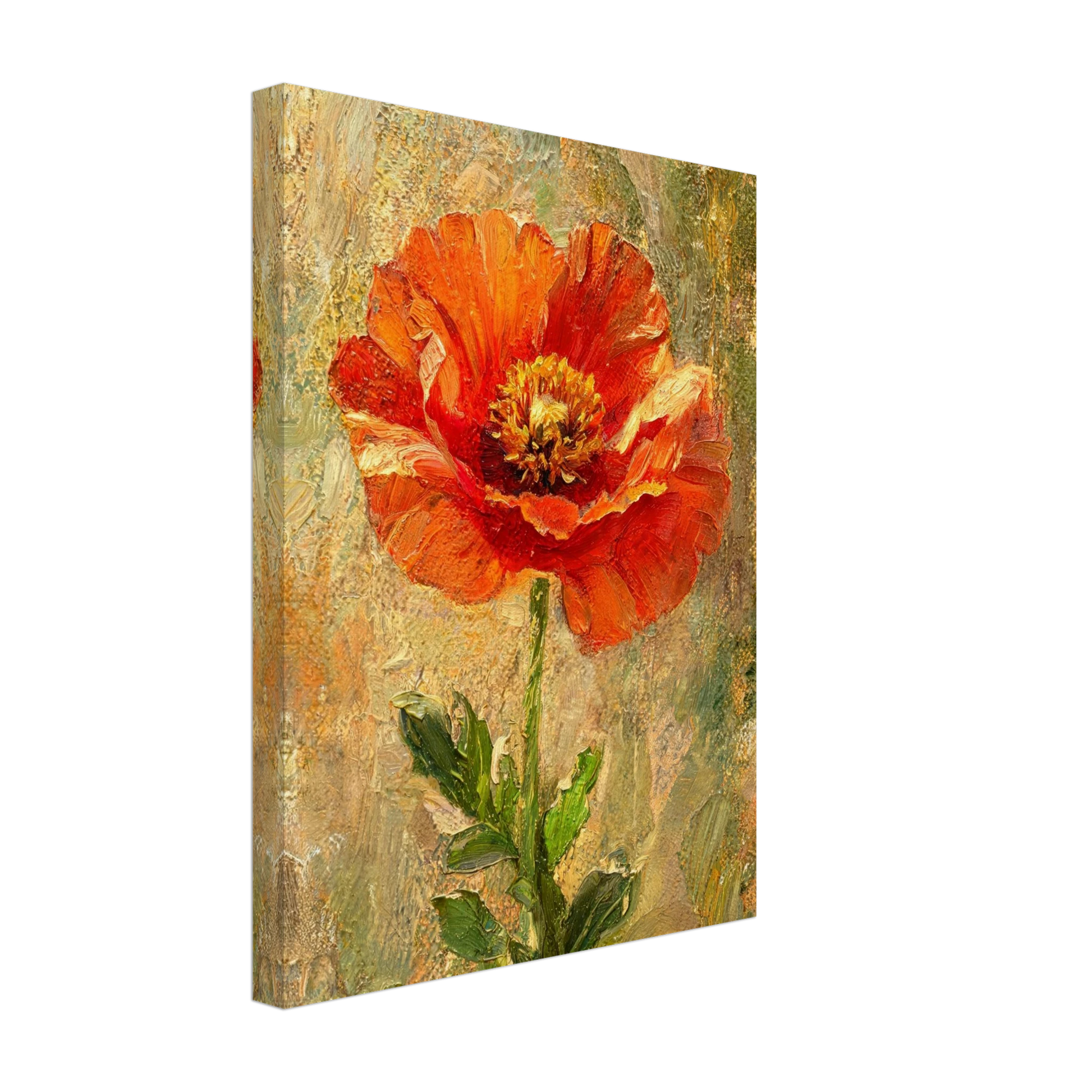A vertical canvas wall art print featuring an impressionistic painting of a vibrant orange-red poppy flower with green leaves on a textured beige and green background, shown at a three-quarter angle against a plain white background.