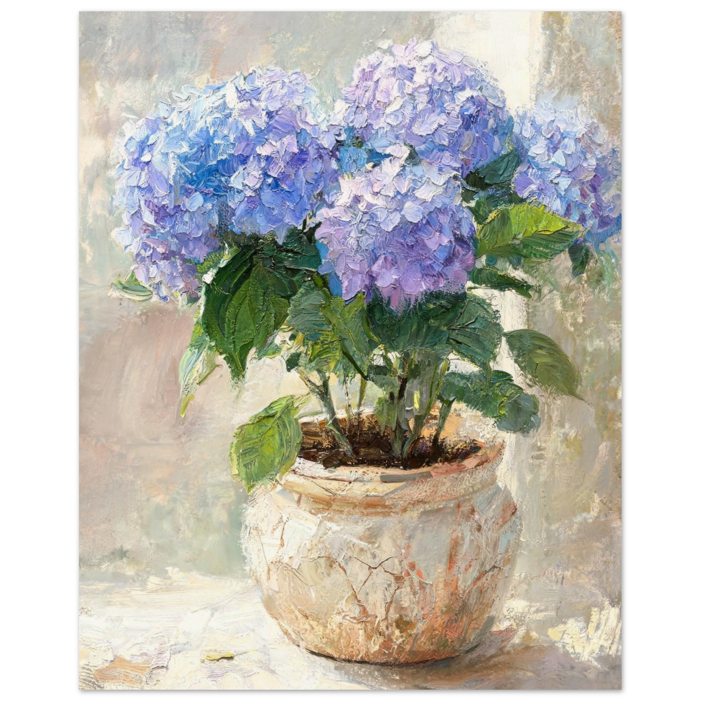 Fine art print of an Impressionist blue hydrangea potted plant featuring soft pastel tones and delicate oil painting brushstrokes.