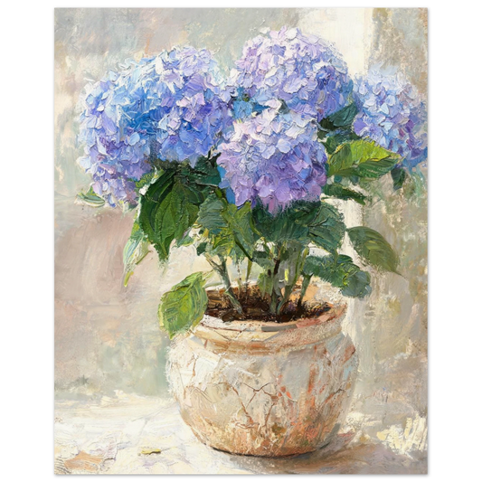 Fine art print of an Impressionist blue hydrangea potted plant featuring soft pastel tones and delicate oil painting brushstrokes.