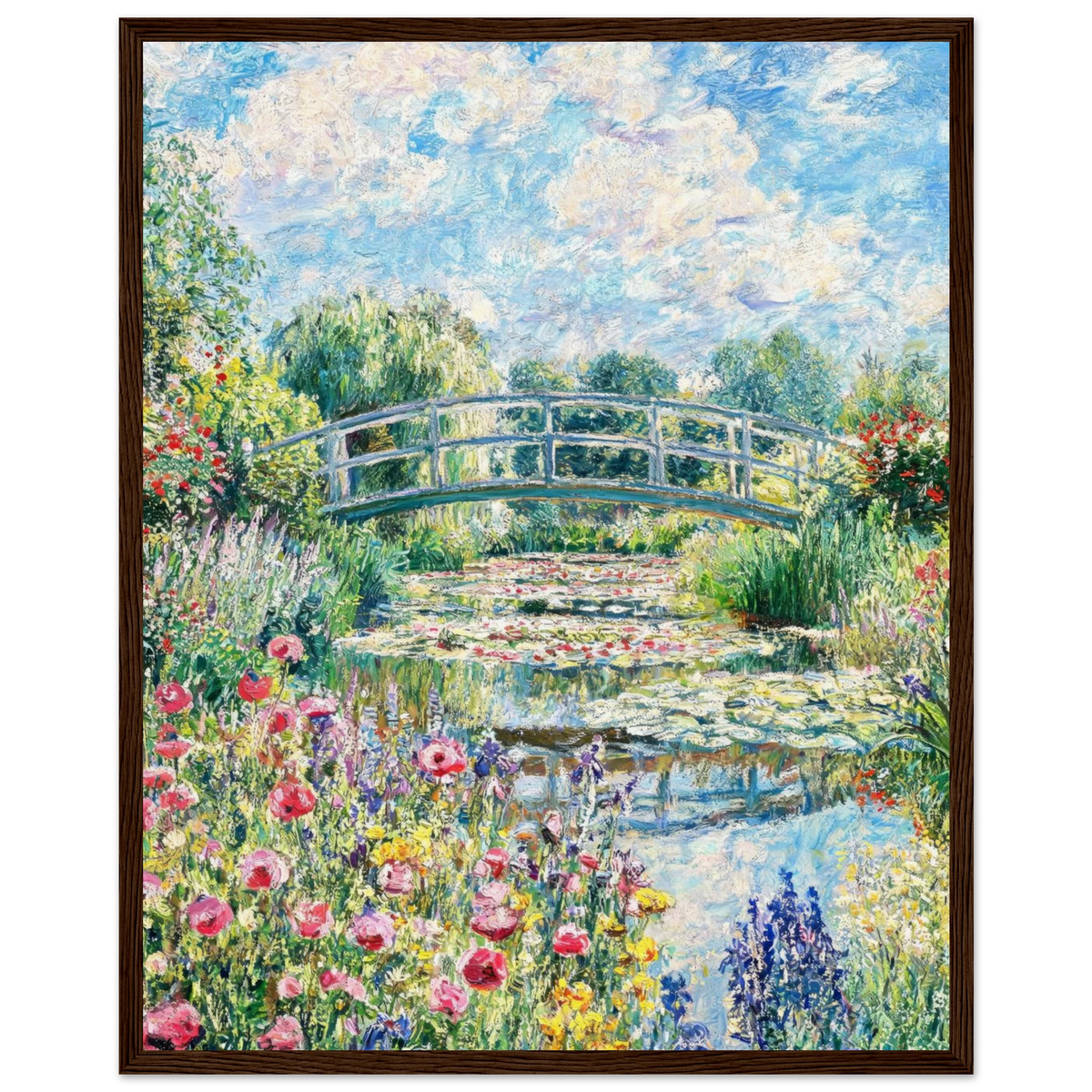 Sunny Japanese Bridge and Flower Garden Wooden Framed Poster | Vintstep