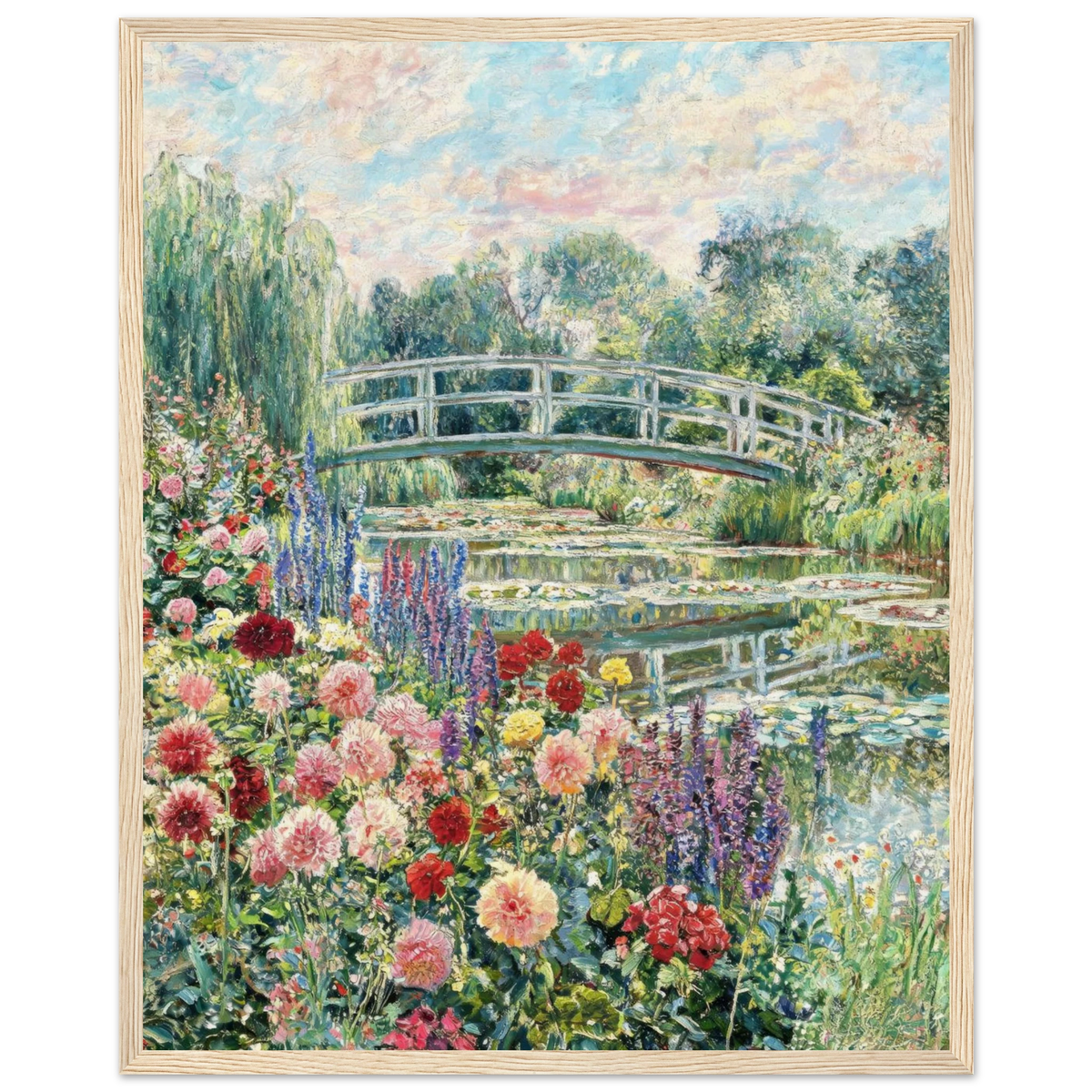 Japanese Bridge and Floral Garden Wooden Framed Poster | Vintstep