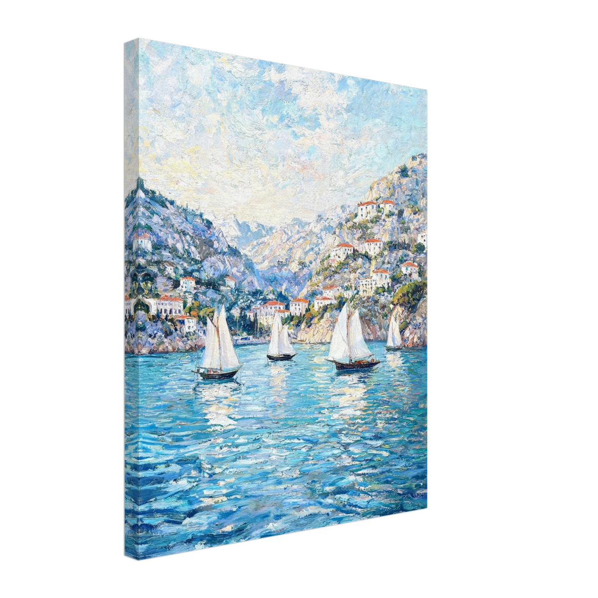 Premium canvas print featuring a textured impressionist oil painting of white sailboats on a sparkling coastal bay with cliffs