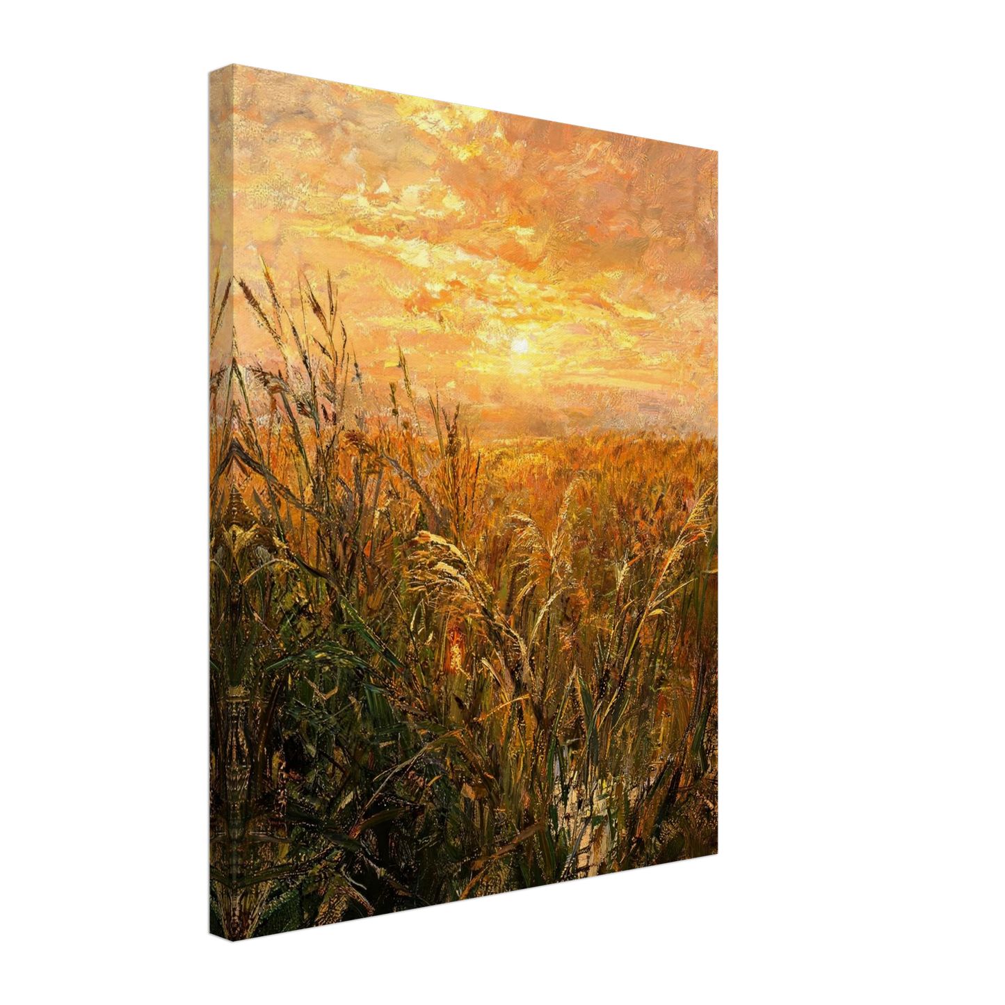 Canvas print of a textured oil painting showing radiant sunset light filtering through wild reeds.