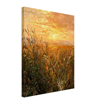 Canvas print of a textured oil painting showing radiant sunset light filtering through wild reeds.