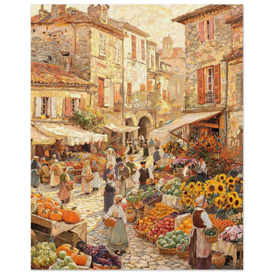 A warm-toned painting of a bustling medieval village square or market street, with stone buildings, awnings, people walking, and abundant produce and flowers including sunflowers. The artwork fills most of the frame against a white page background.
