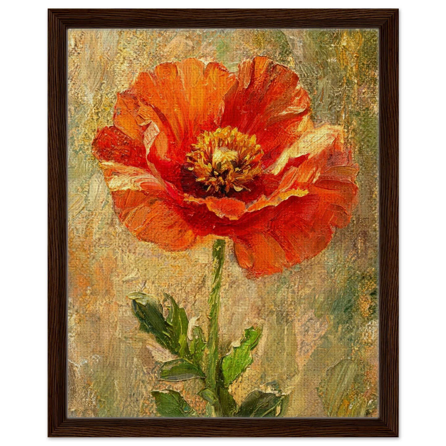 Framed oil painting of a vibrant red-orange poppy flower with green leaves on a textured beige and green background, enclosed in a dark brown wooden frame.