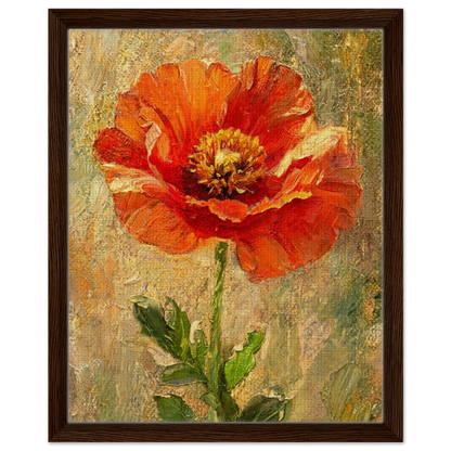 Framed oil painting of a vibrant red-orange poppy flower with green leaves on a textured beige and green background, enclosed in a dark brown wooden frame.
