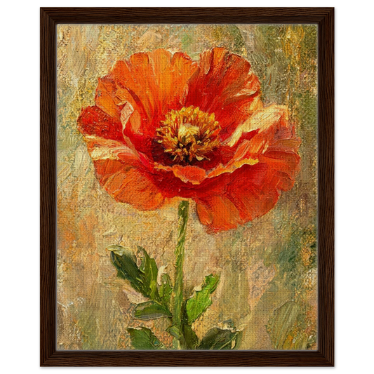 Framed oil painting of a vibrant red-orange poppy flower with green leaves on a textured beige and green background, enclosed in a dark brown wooden frame.