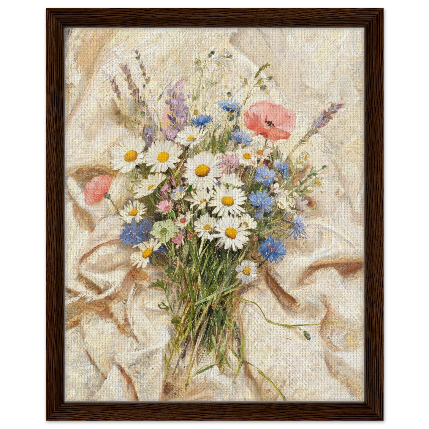Framed canvas print of an Impressionist wildflower painting mounted in a sleek frame for a polished gallery presentation.
