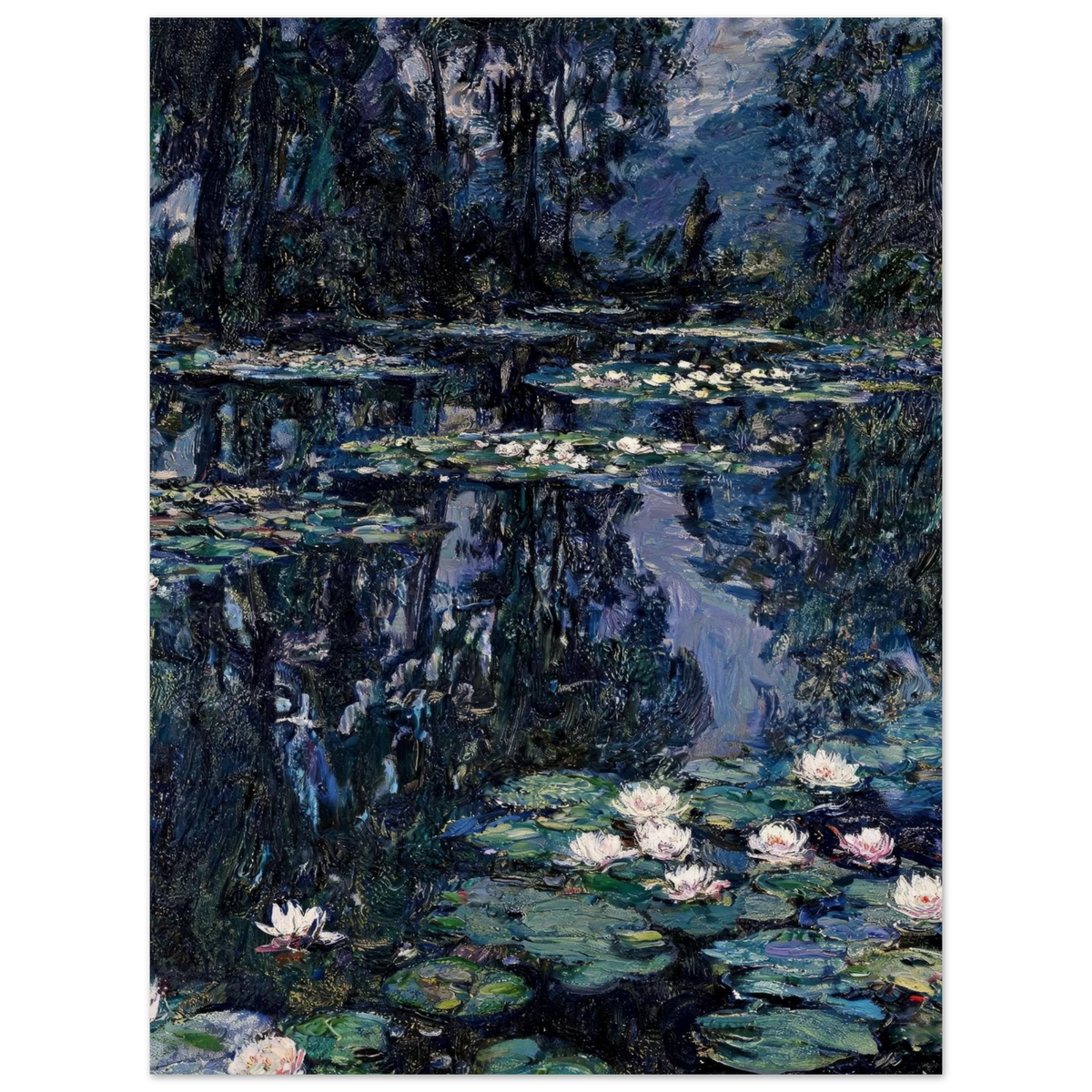 Claude Monet's impressionist water lily painting print, depicting dark blue and green reflections of trees in a pond with white and pink water lilies.