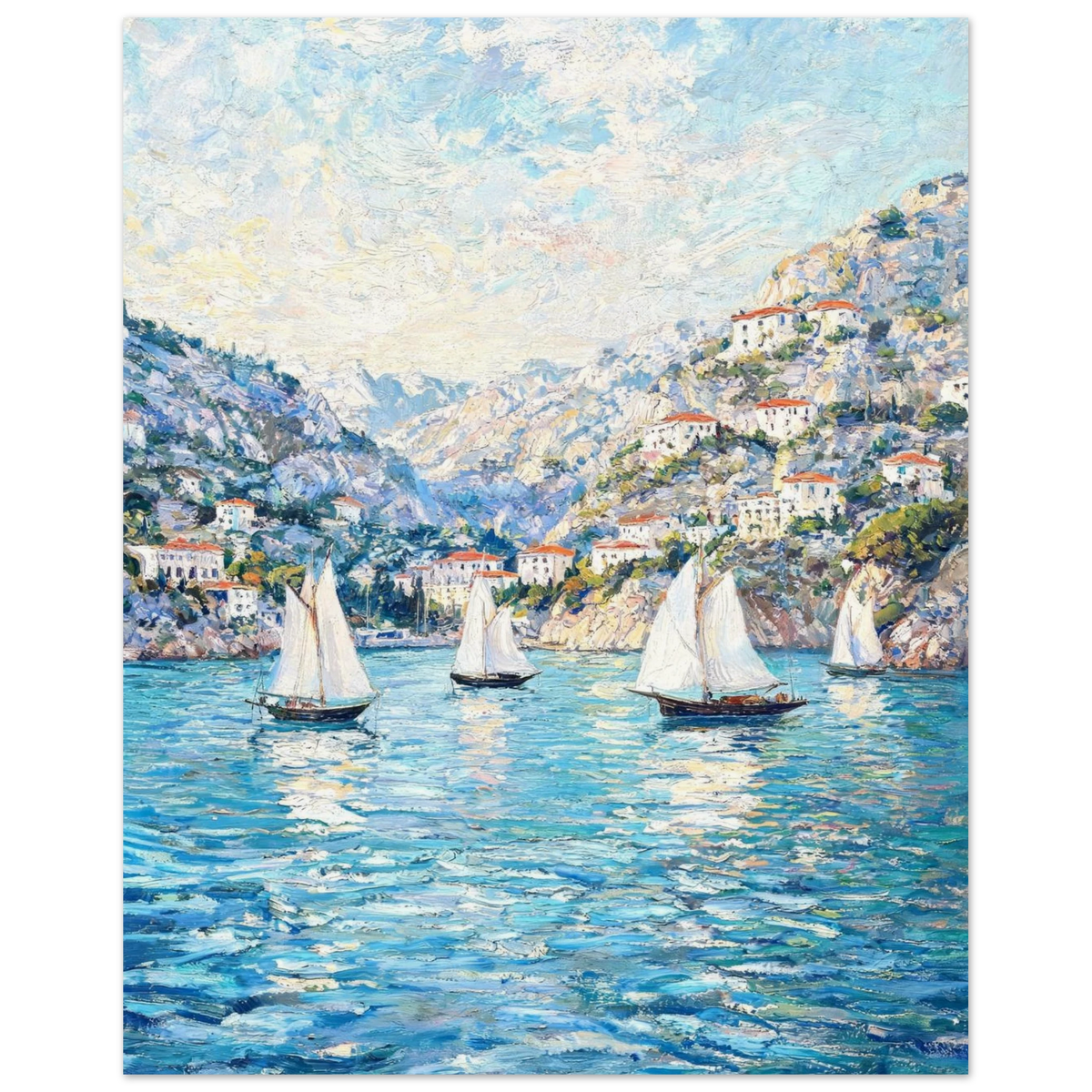 Vintage impressionist fine art print featuring white sailboats gliding across a sunlit Mediterranean bay with coastal cliffs and village