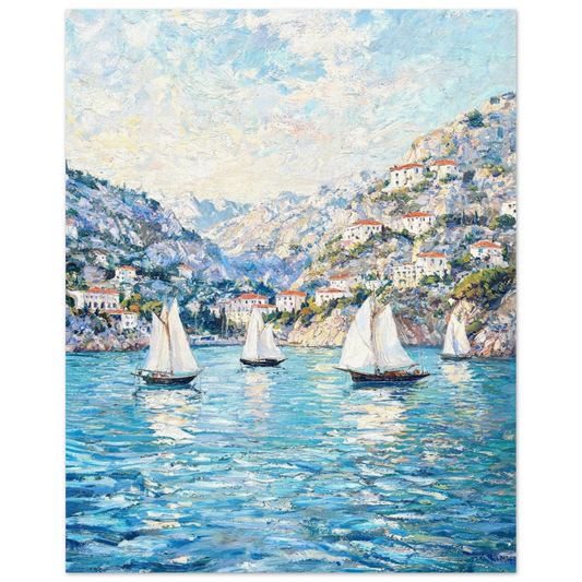 Vintage impressionist fine art print featuring white sailboats gliding across a sunlit Mediterranean bay with coastal cliffs and village