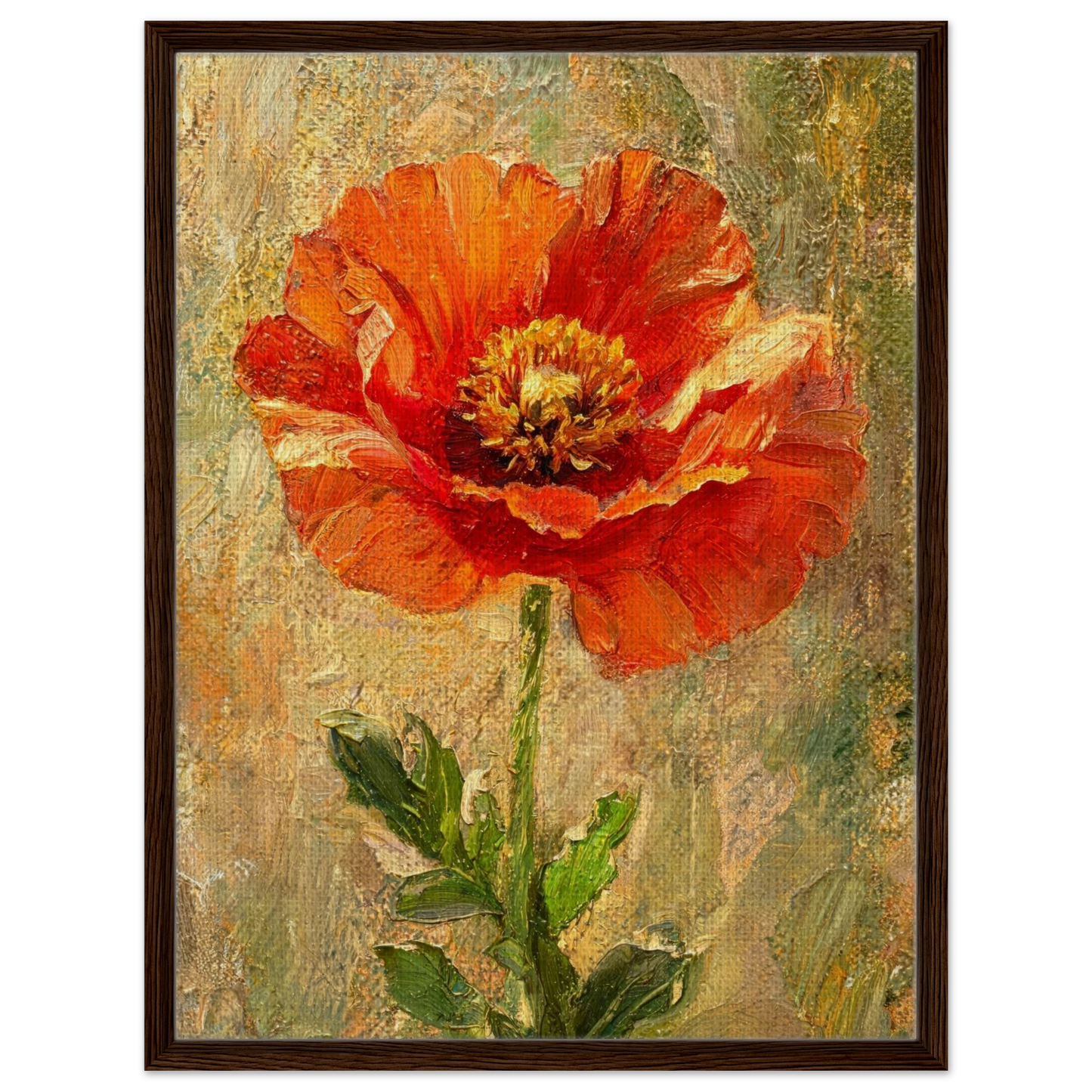 Framed oil painting of a vibrant red-orange poppy flower with green leaves on a textured beige and green background, enclosed in a dark brown wooden frame.